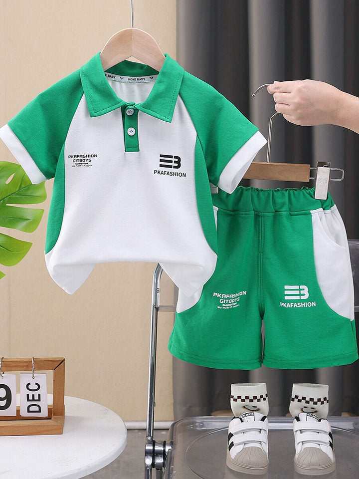 YK Printed Shirt-Collar T-Shirt With Shorts Clothing Set