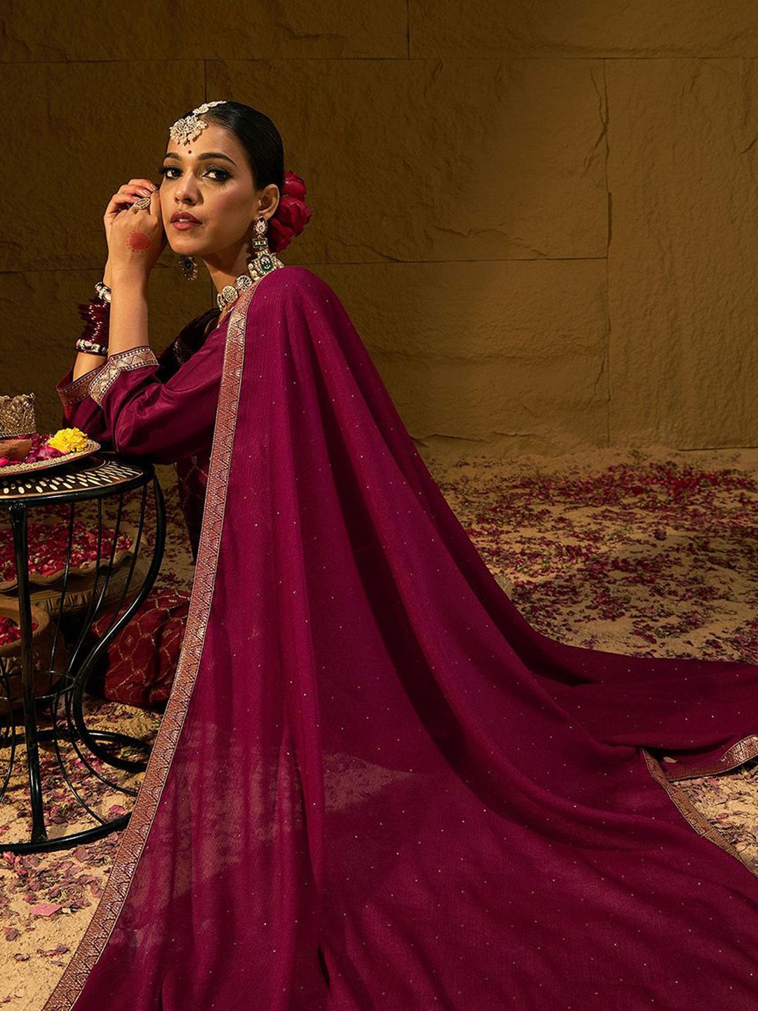 Indo Era Floral Embroidered Jacquard Straight Kurta With Trousers & Dupatta