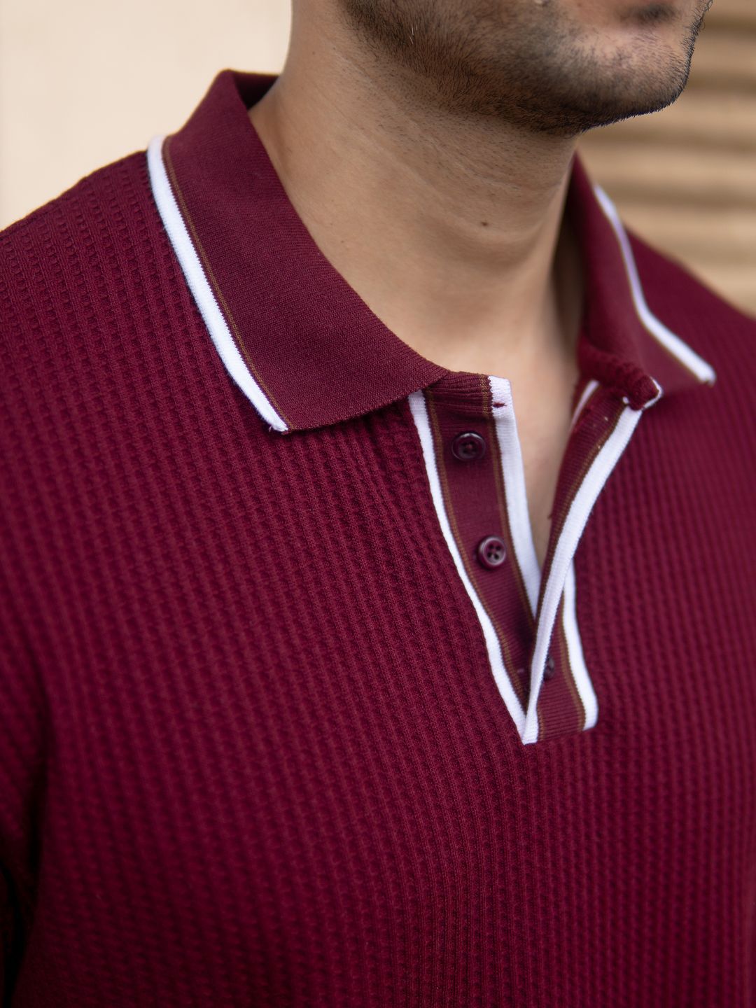 Powerlook Men Maroon Self Design Structured Polo Collar T-shirt