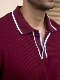 Powerlook Men Maroon Self Design Structured Polo Collar T-shirt