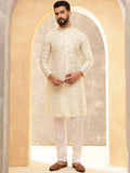 Anouk Cream & White Band Collar Floral Sulam Kurta Lurus