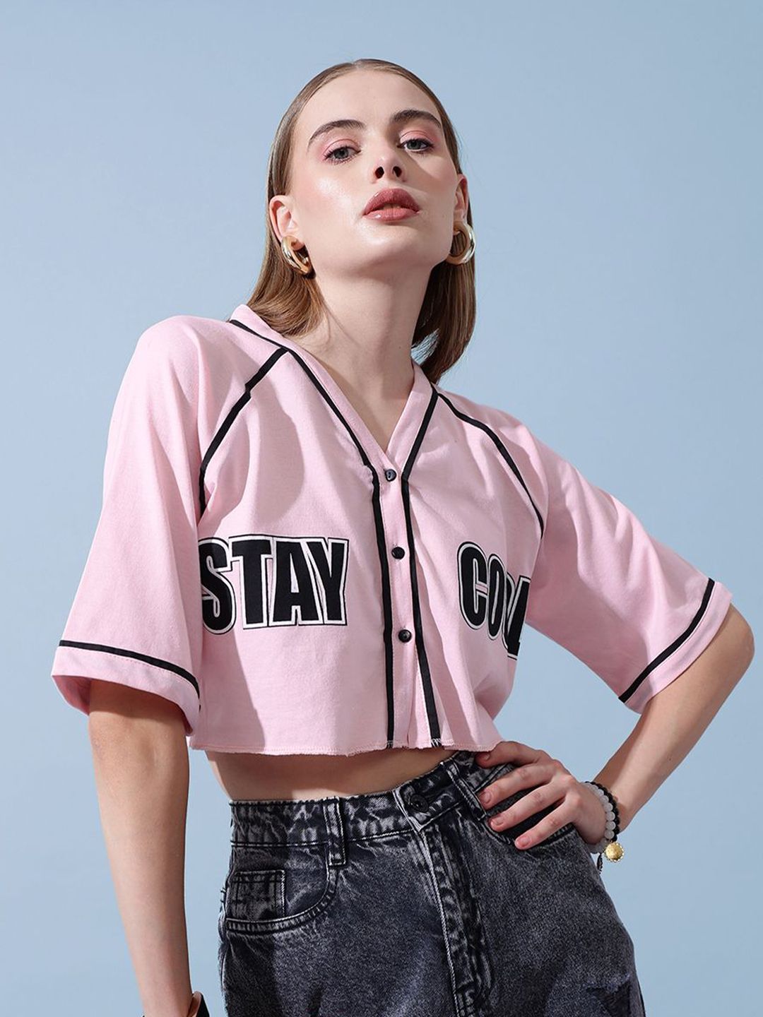 STREET 9 Women Typography Printed V-Neck Cotton Top