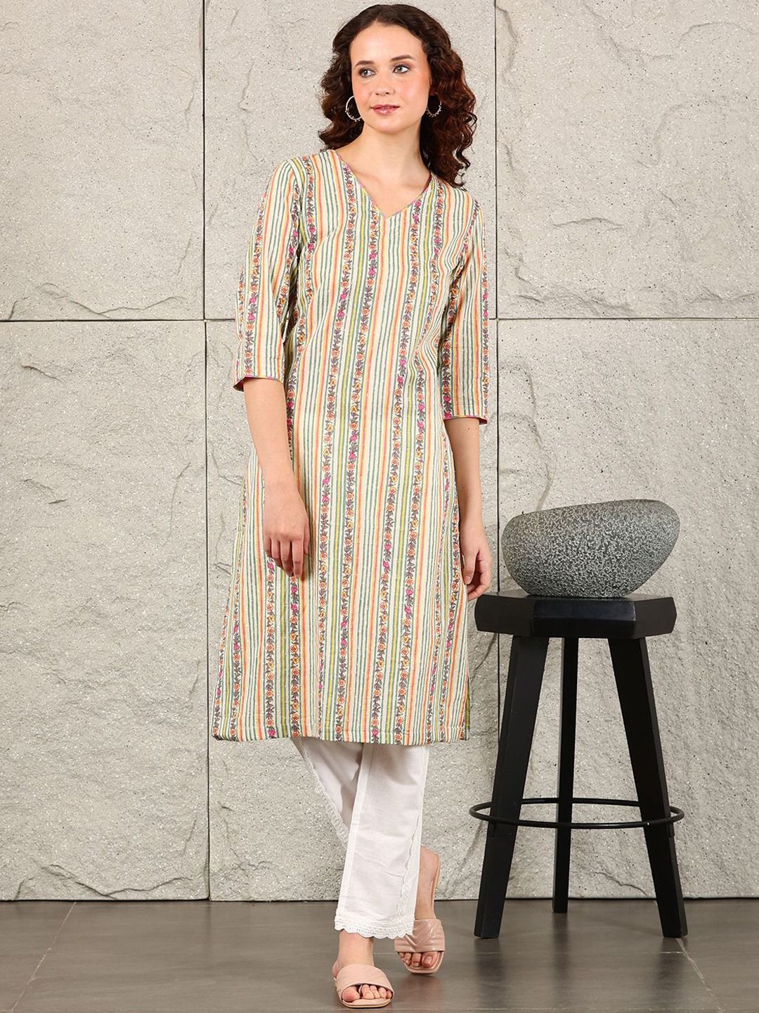 W Women Striped Flared Sleeves Mirror Work Kurta