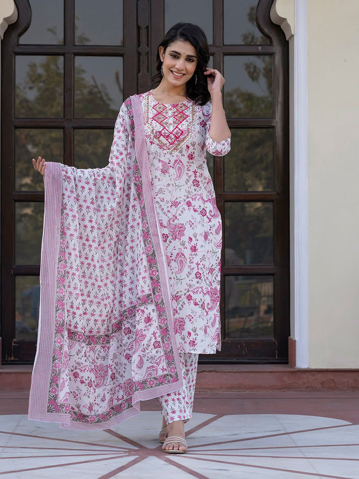 Kalini Wanita Paisley Kurta Kapas Tulen Biasa Dengan Seluar & Dengan Dupatta