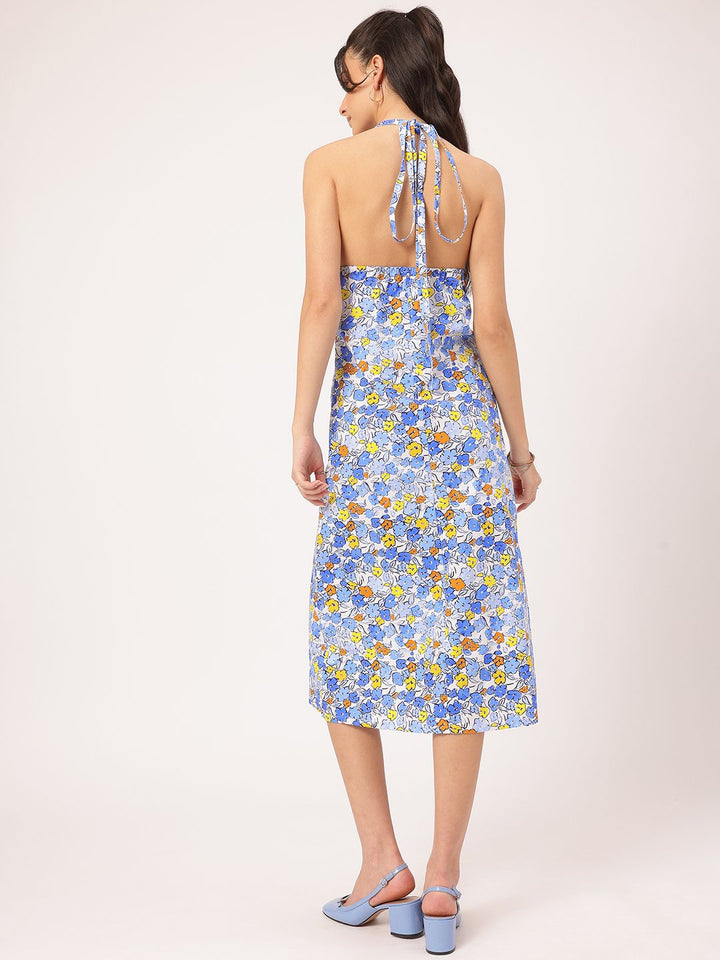 DressBerry Flirty Fusion Floral-Printed Halter Neck Open-Back Sheath Midi Dress