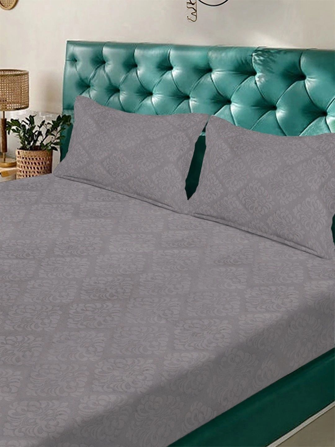 Myntra Elegant Homes Grey Floral 300 TC King Bedsheet with 2 Pillow Covers