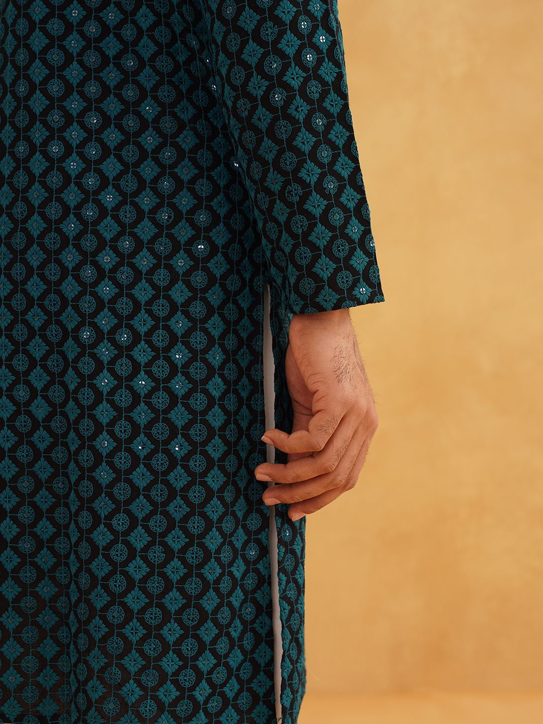 SOJANYA Bunga Labuci Mandarin Kolar Kapas Tulen Lurus Panjang Kurta