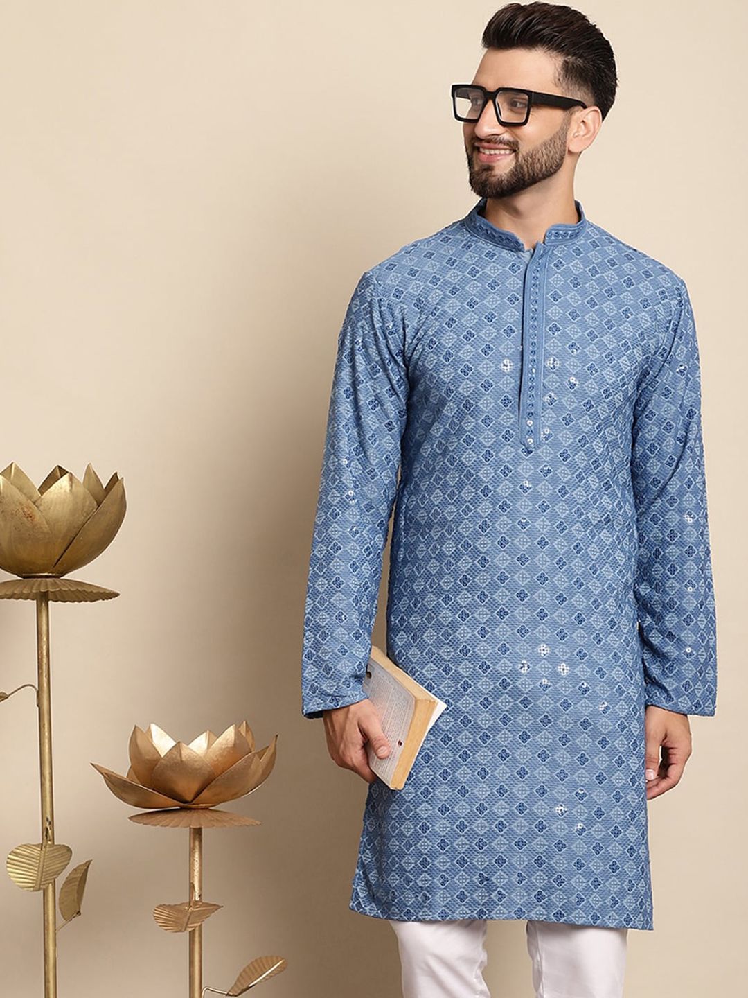 Anouk Dihiasi Labuci Kolar Mandarin Perincian Cotton Straight Kurta