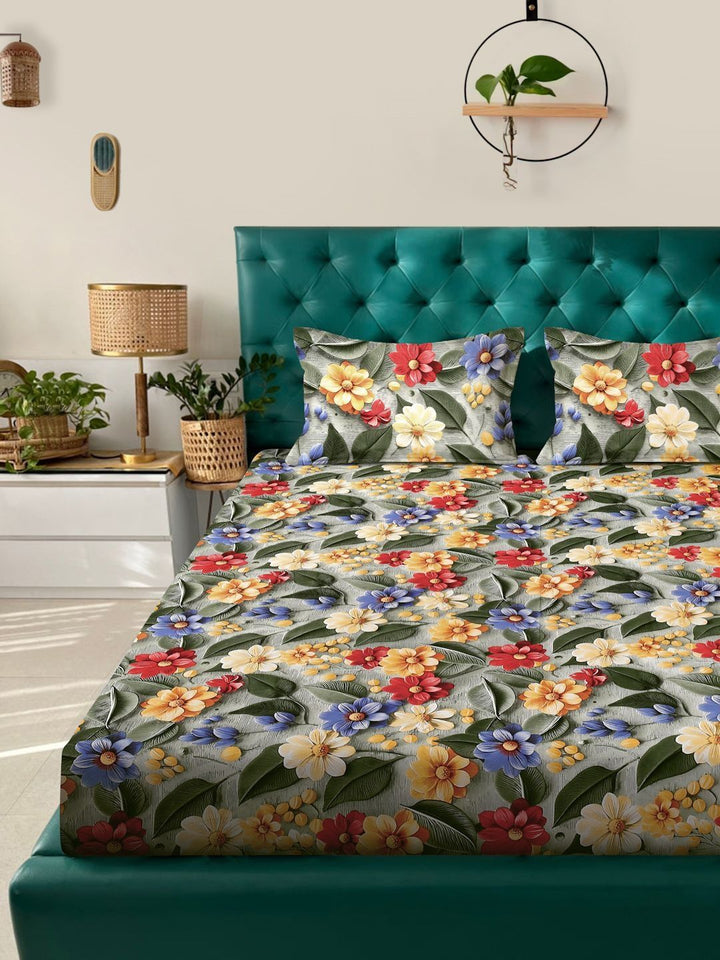 Myntra Elegant Homes Green Floral 300 TC King Cadar dengan 2 Sarung Bantal