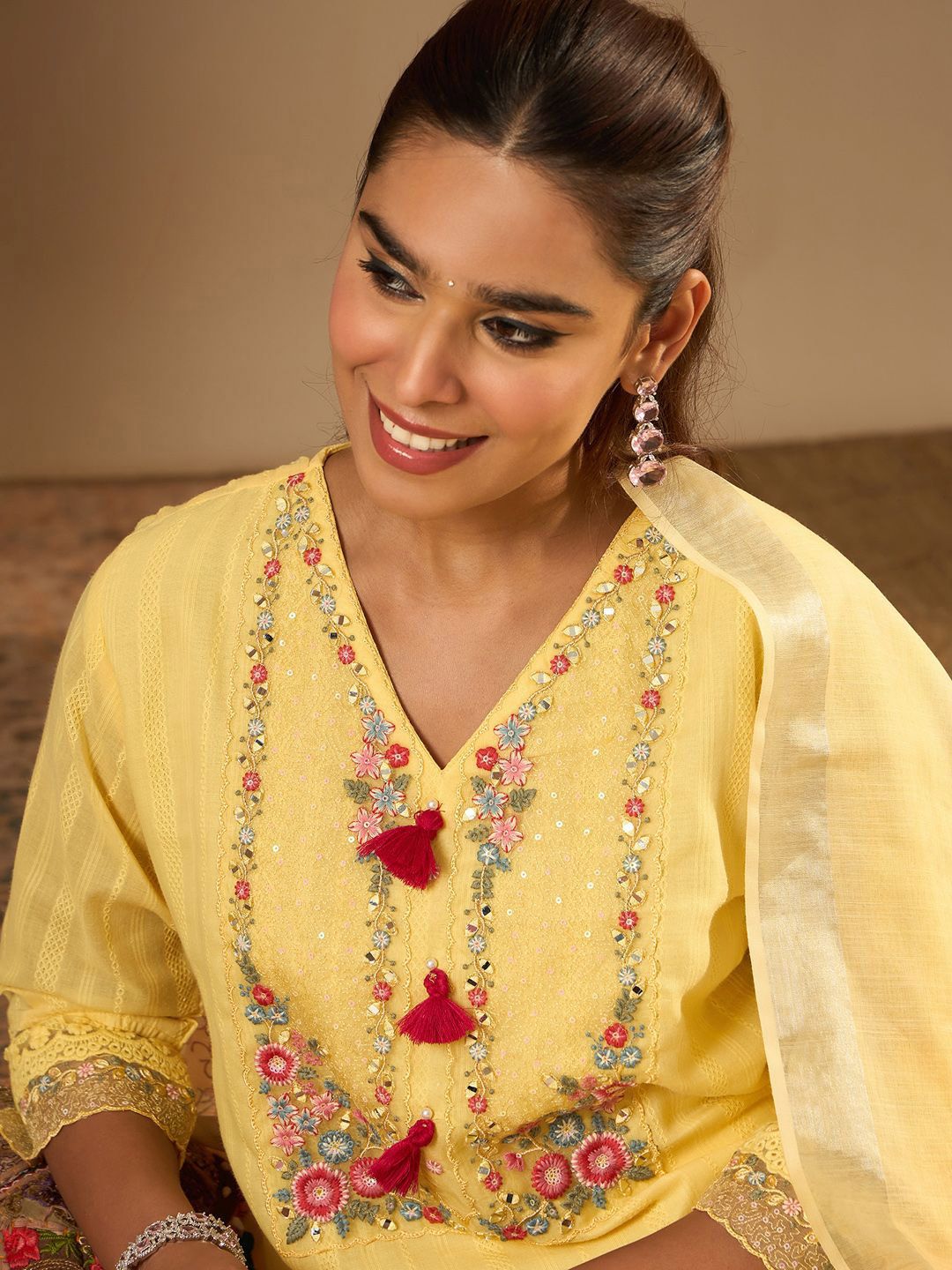 Indo Era Floral Embroidered Thread Work Pure Cotton Straight Kurta With Trousers & Dupatta