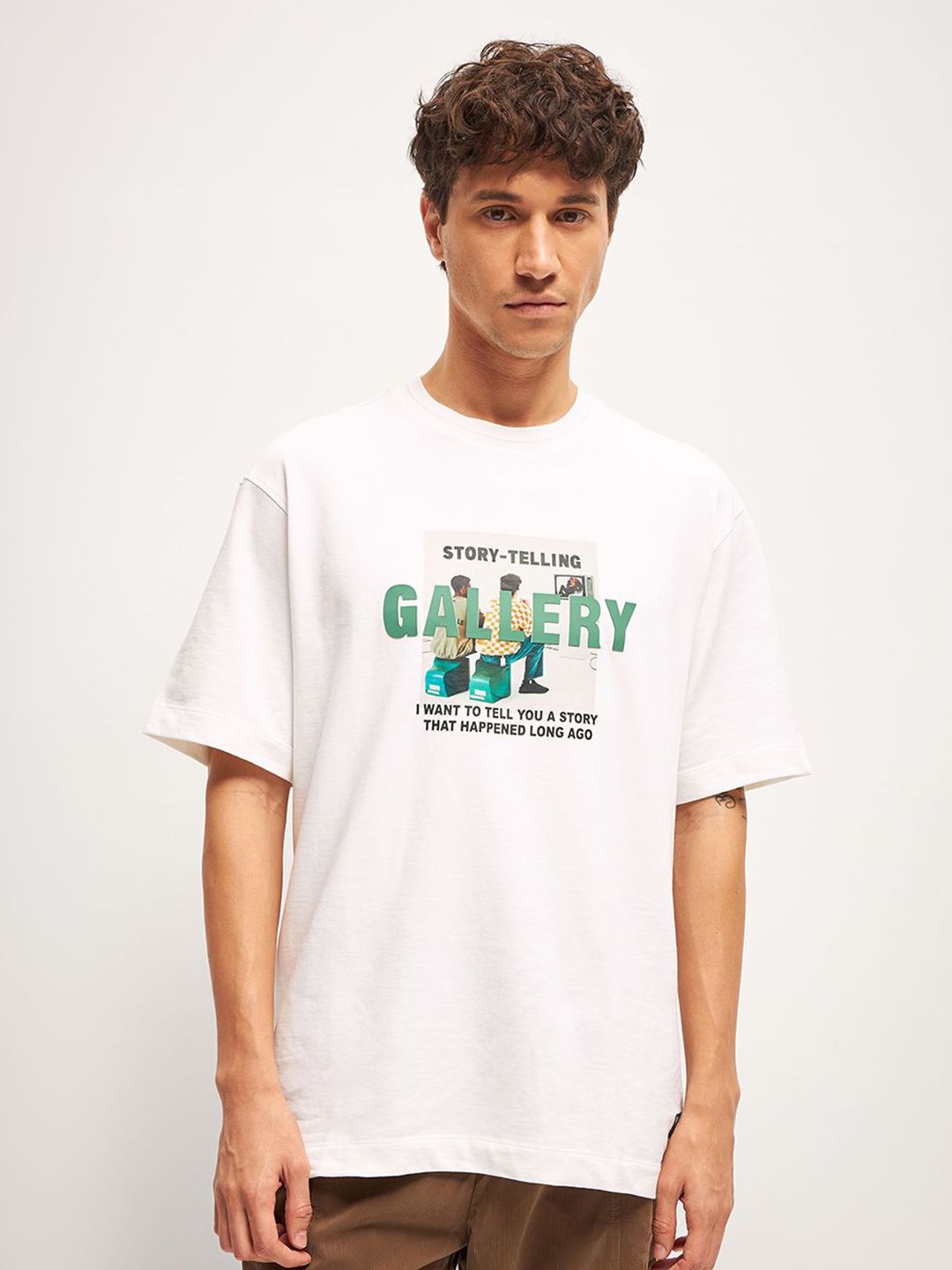 THE BEAR HOUSE Men Typography Printed Round Neck Pure Cotton Oversized T-Shirt