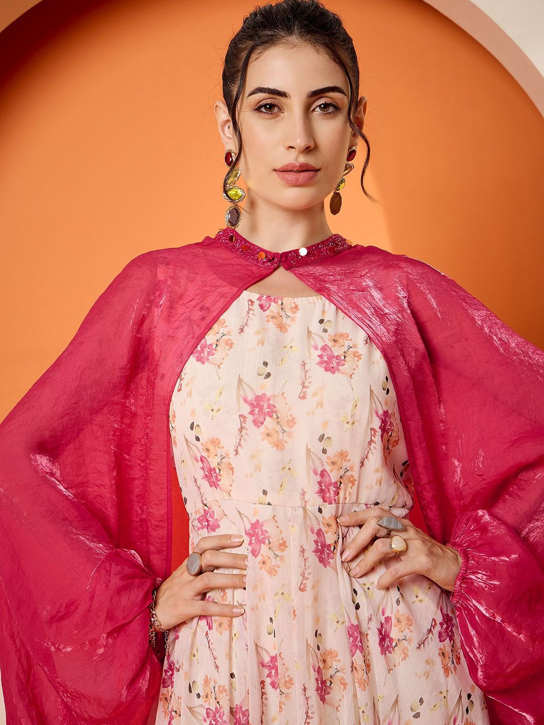 Antheaa Floral Printed A-Line Midi Dress and Embellished Shrug