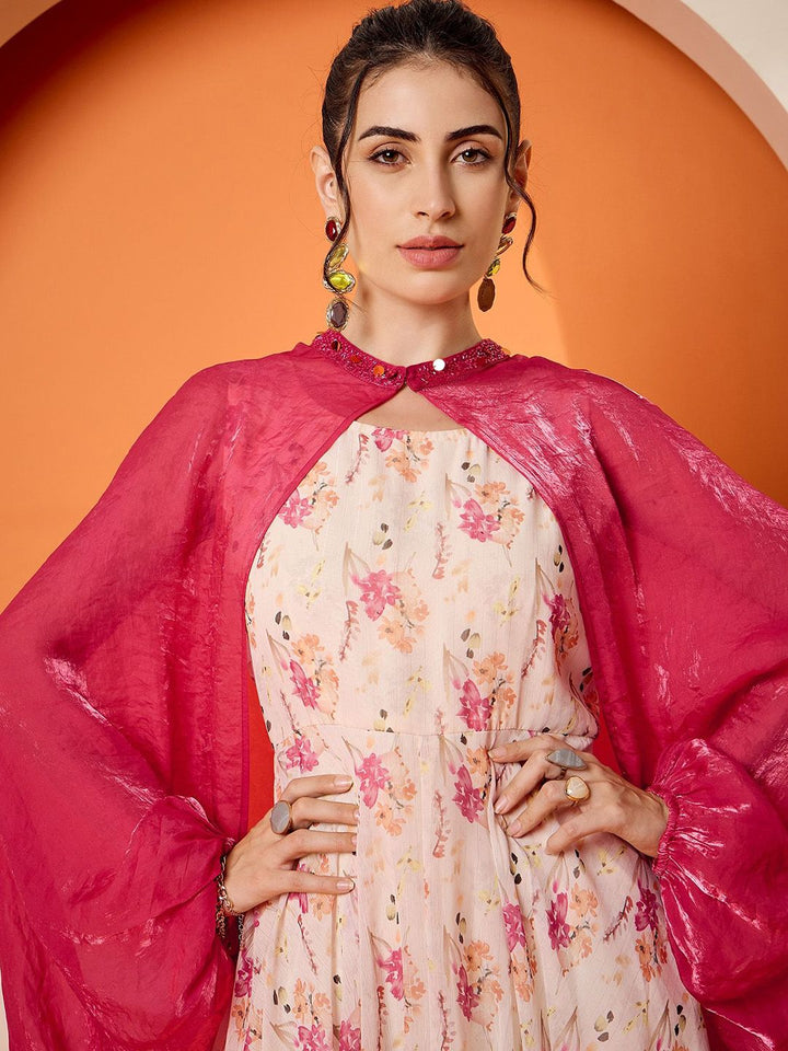 Antheaa Floral Printed A-Line Midi Dress and Embellished Shrug