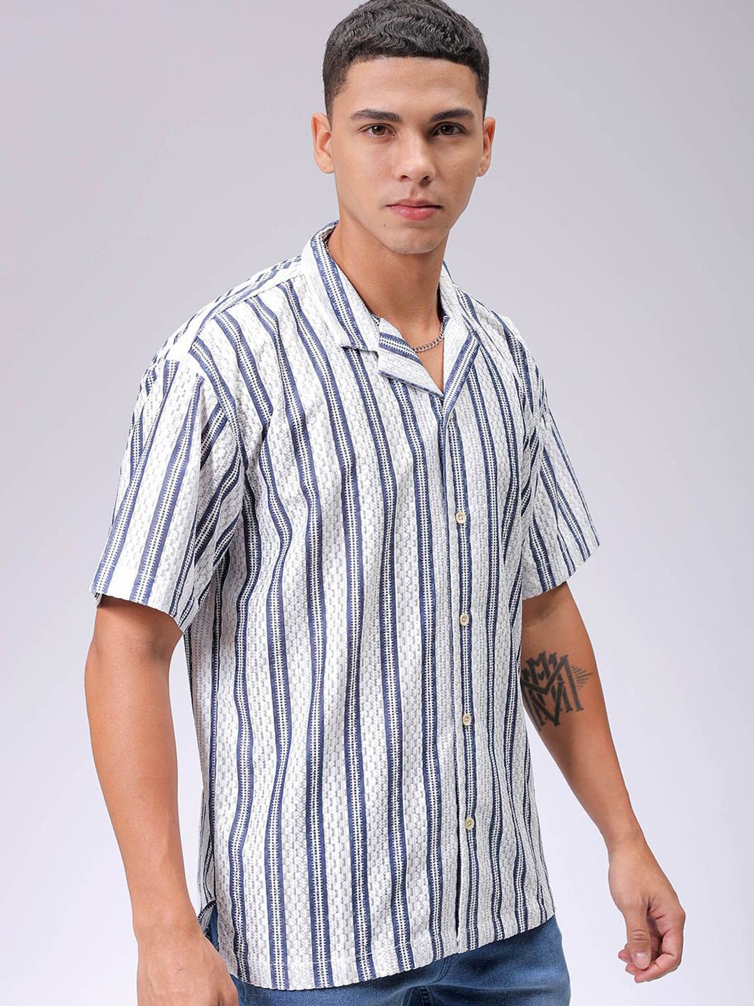 The Indian Garage Co Men Relaxed Fit Striped Textured Resortwear Shirt
