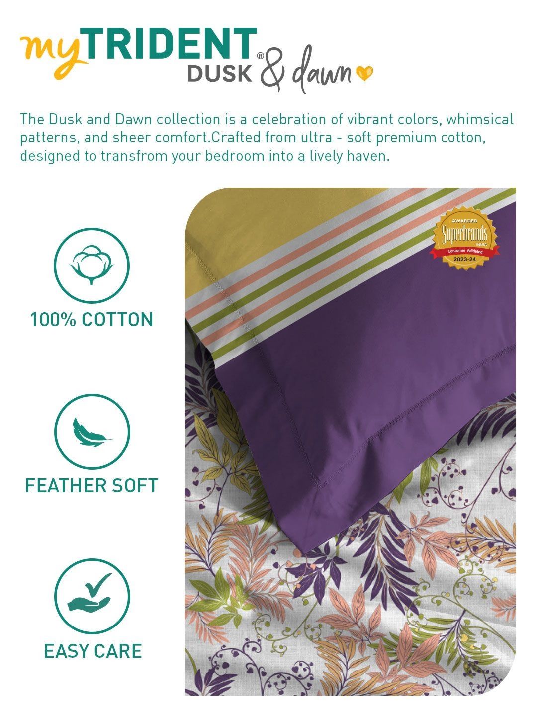 MYTRIDENT Firefly Purple Dusk & Dawn Flat 144TC Queen Cotton Bedsheet with 2 Pillow Covers