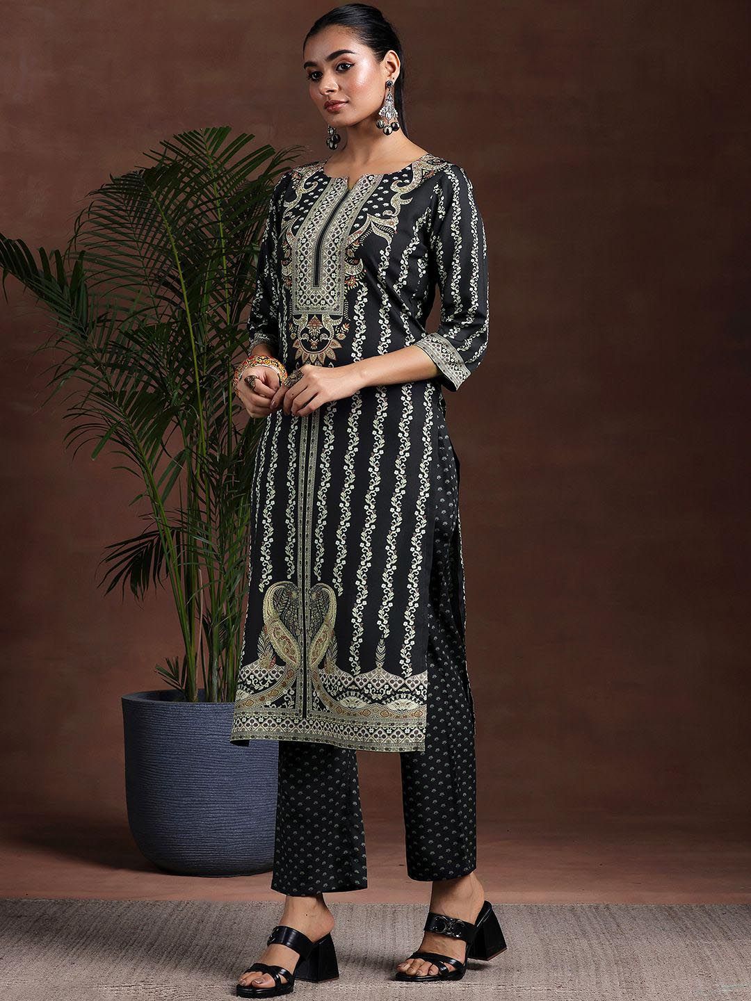 Libas Floral Printed Notched Neck Straight Kurta With Trousers & Dupatta