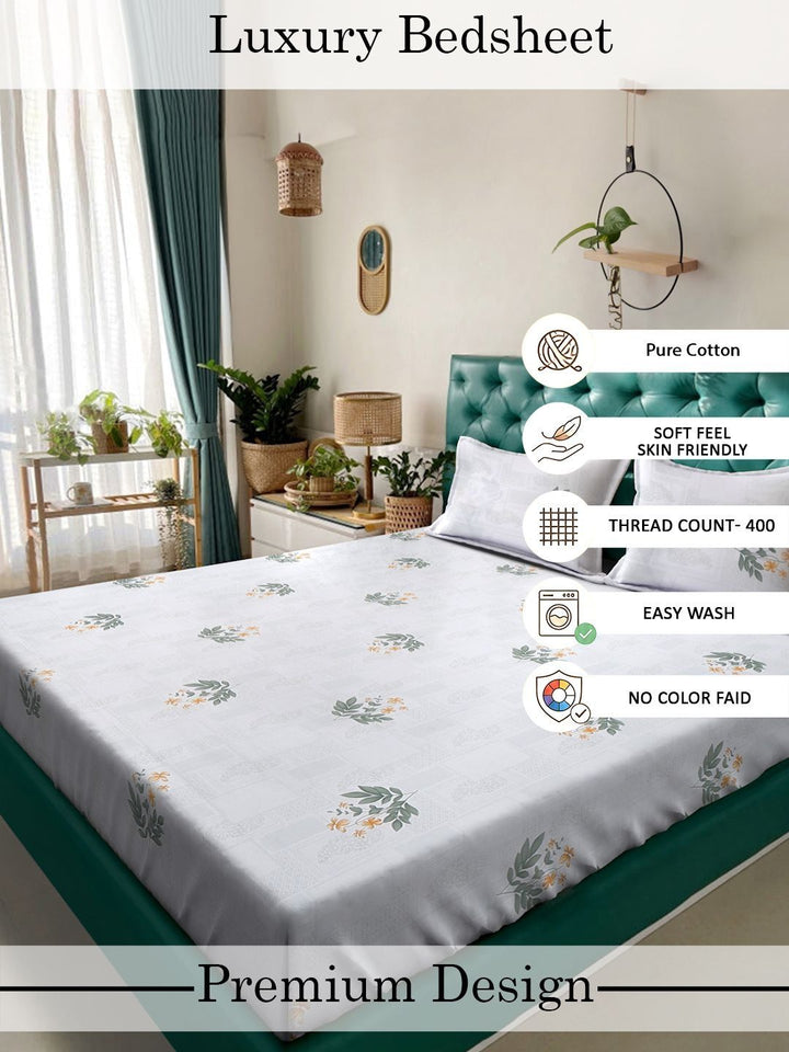 Myntra Elegant Homes White Floral 400 TC Super King Double Bedsheet dengan 2 Sarung Bantal