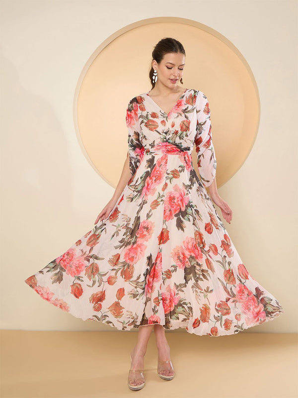 Antheaa Floral Print Chiffon Fit & Flare Midi Dress