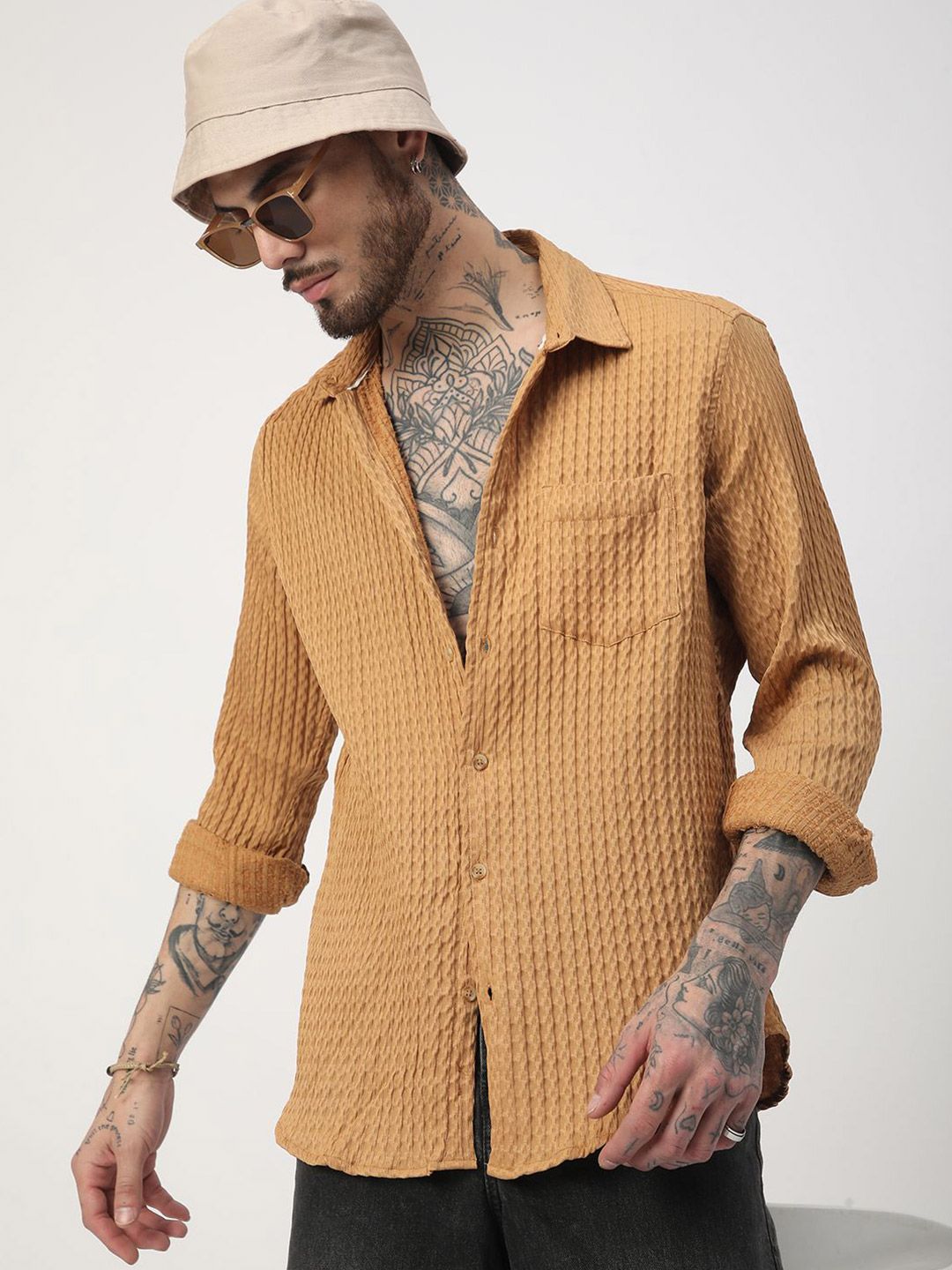 VASTRADO Men Classic Fit Spread Collar Textured Casual Shirt