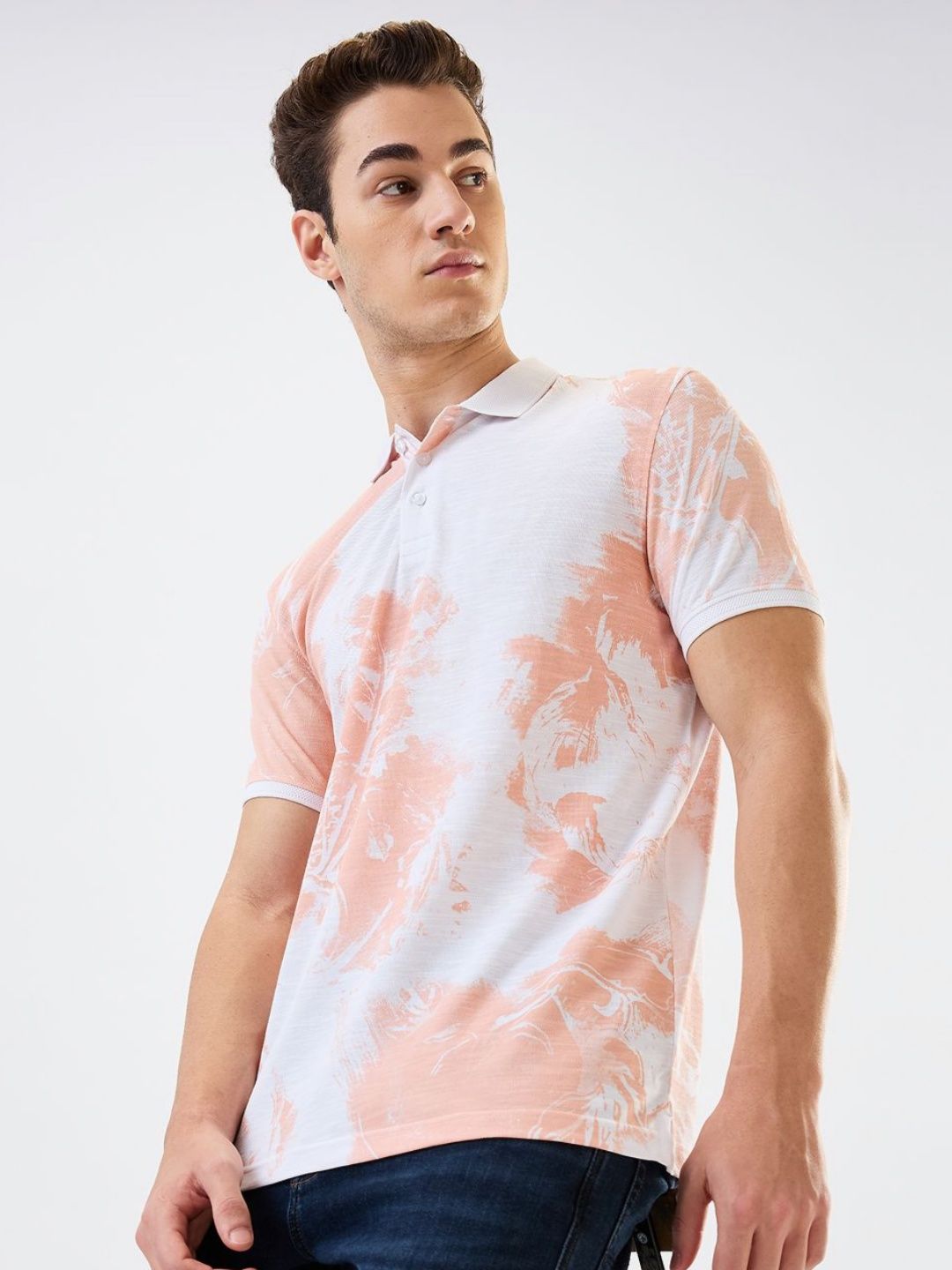 SPYKAR Men Abstract Printed Polo Collar Cotton Slim Fit T-shirt