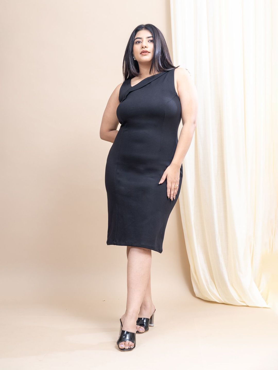 Mamicha Women V-Neck Cotton Plus Size Bodycon Knee Length Dress