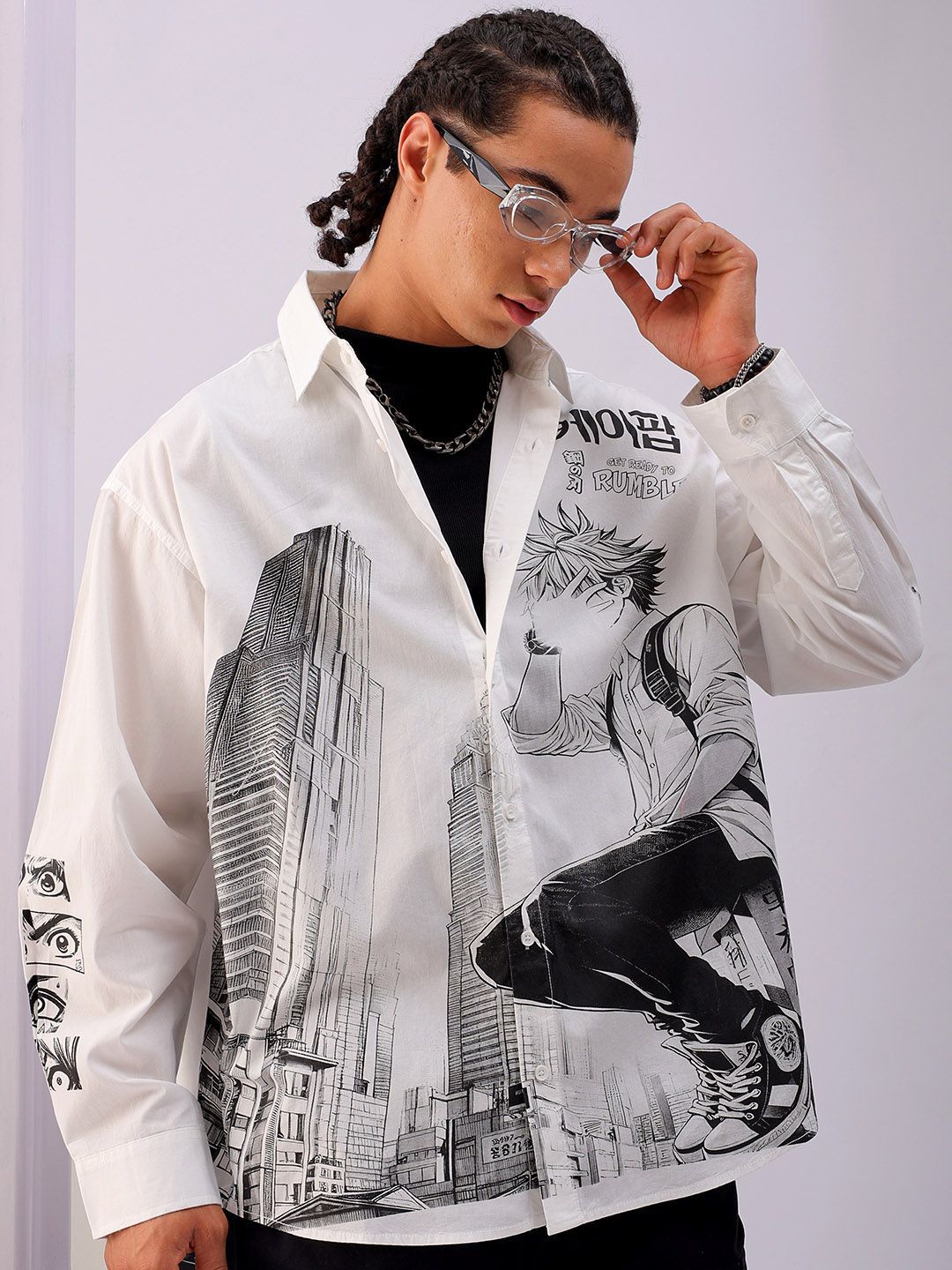 The Indian Garage Co Men Anime Printed Cotton Oversized Boxy Streetwear Shirt