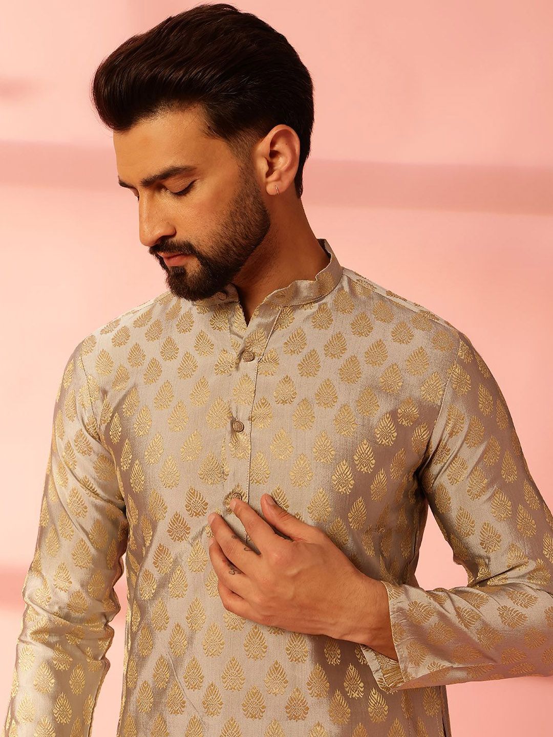 Anouk Ethnic Motifs Woven Design Band Collar Cotton Silk Straight Kurta