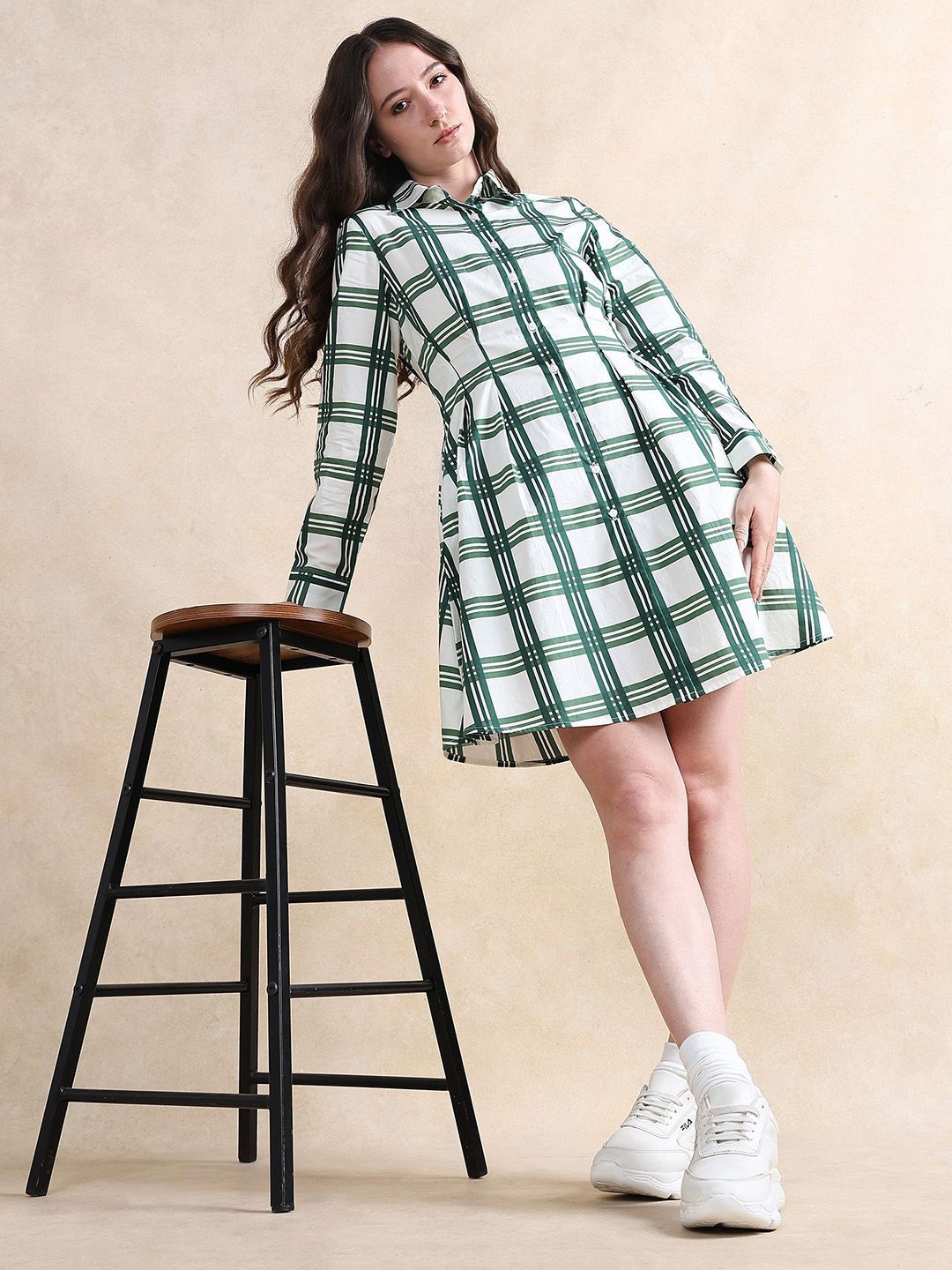 RAREISM Checked Printed Cotton Shirt Collar A-Line Dress
