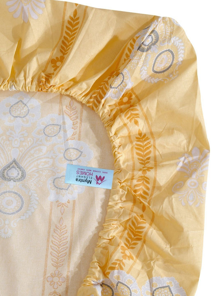 Myntra Elegant Homes Yellow Floral Pure Cotton 400 TC Fitted King Superfine Bedsheet dengan 2 Sarung Bantal-98 x 89 inci