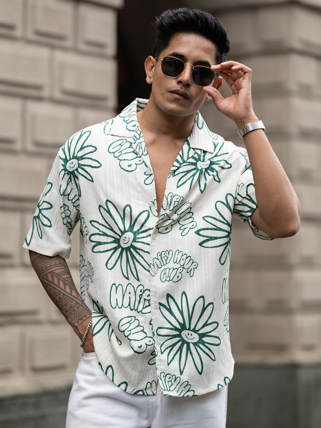 Powerlook Men Cuban Collar Floral Printed Oversized Casual Shirt