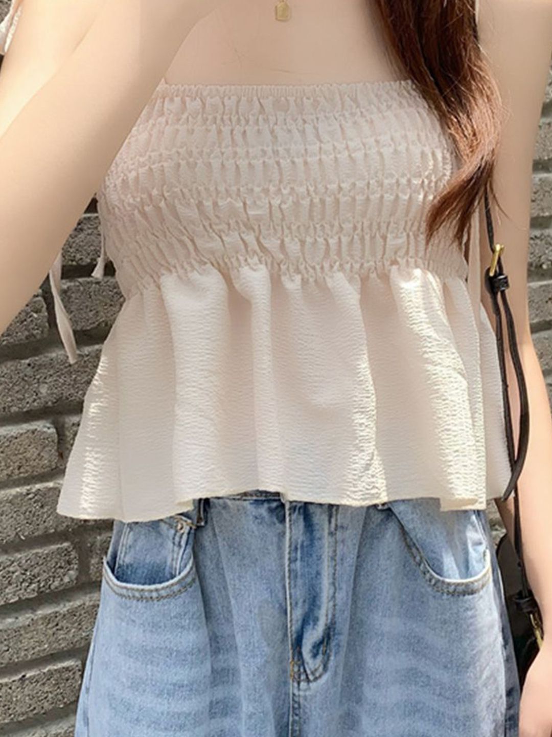 DressBerry Shoulder Straps Smocking Peplum Top