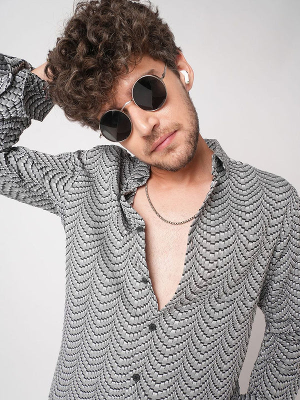 VASTRADO Men Slim Fit Textured Spread Collar Cotton Casual Shirt