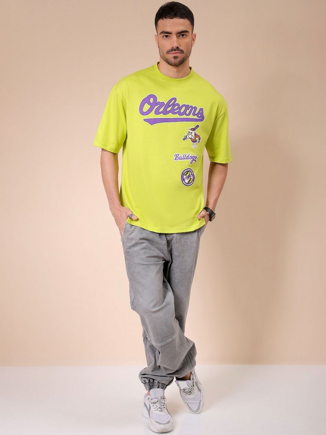 The Indian Garage Co Men Typography Printed Round Neck Cotton Oversized T-shirt