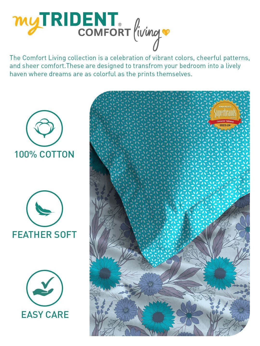 MYTRIDENT Sunflower Blue Comfort Living Flat 120TC Queen Cotton Bedsheet Set