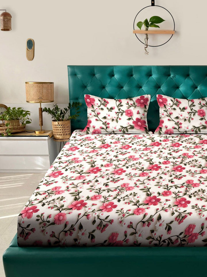 KLOTTHE Green & Pink Floral 300-Thread Count 7D-King Size Bedsheet With 2-Pillow Covers