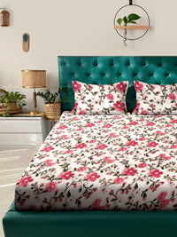 KLOTTHE Green & Pink Floral 300-Thread Count 7D-King Size Bedsheet With 2-Pillow Covers