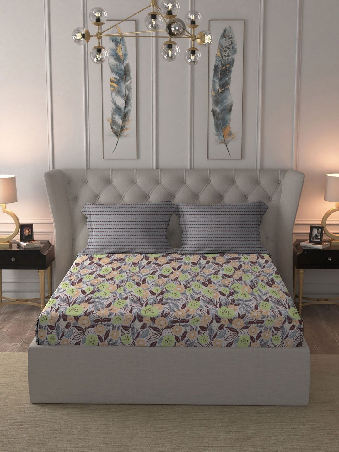 MYTRIDENT Jasmine Brown Moments Flat 120TC Queen Cotton 1 Bedsheet with 2 Pillow Covers