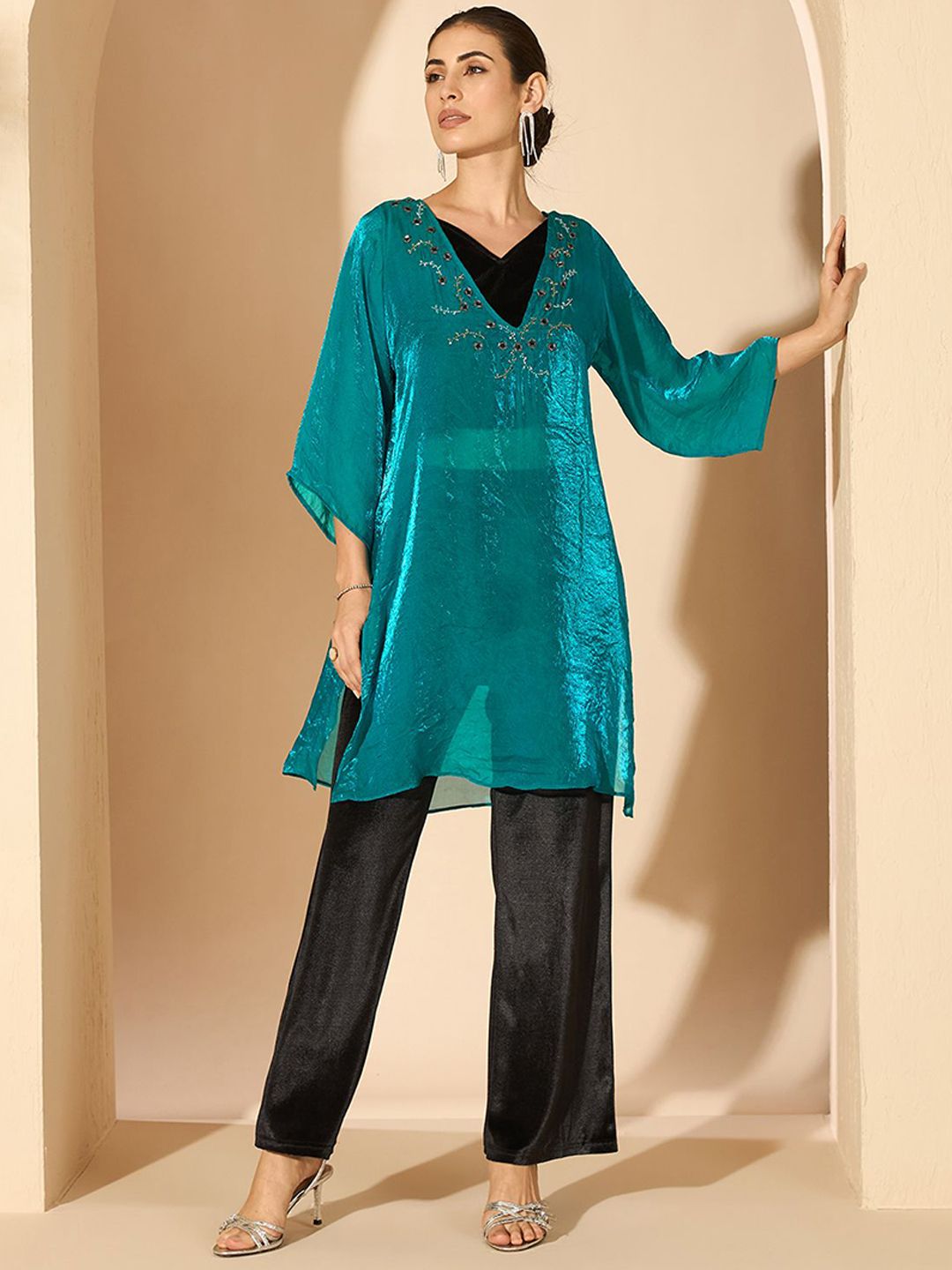 Antheaa Silk Embellished V-Neck Tunic with Trousers