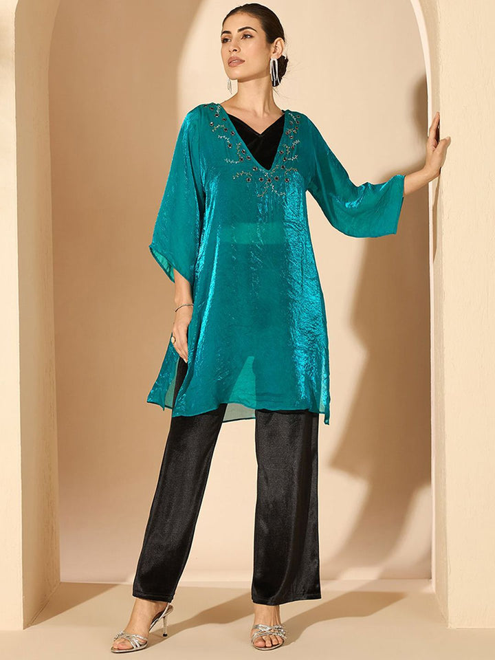 Antheaa Silk Embellished V-Neck Tunic with Trousers