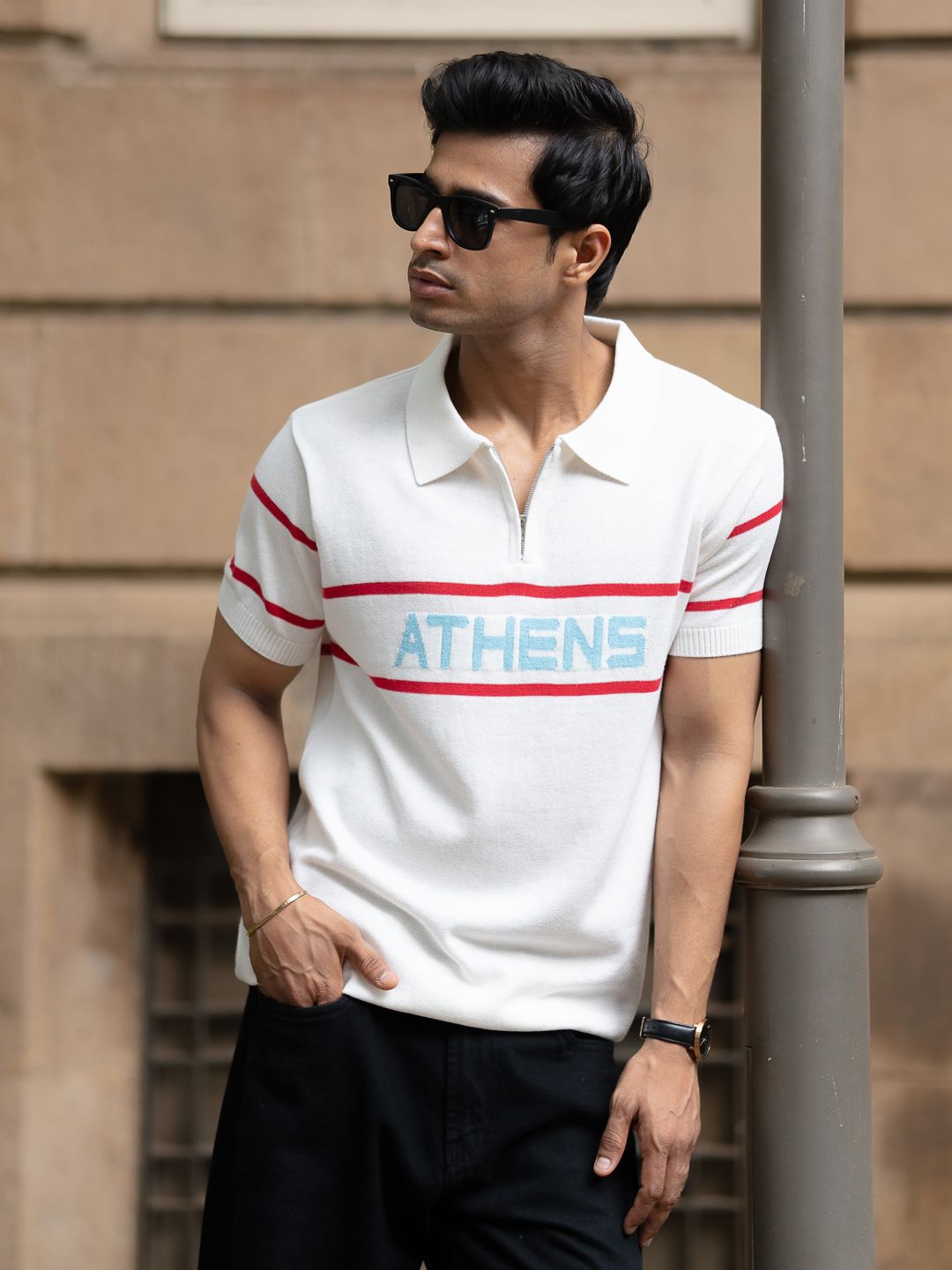 Powerlook SS25 Typography Printed Polo Collar Knitted Pure Cotton T-Shirt
