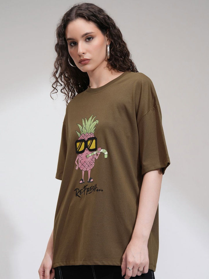 Street By Tokyo Talkies Women Solid Oversized Fit Chest and Back Print T-Shirt
