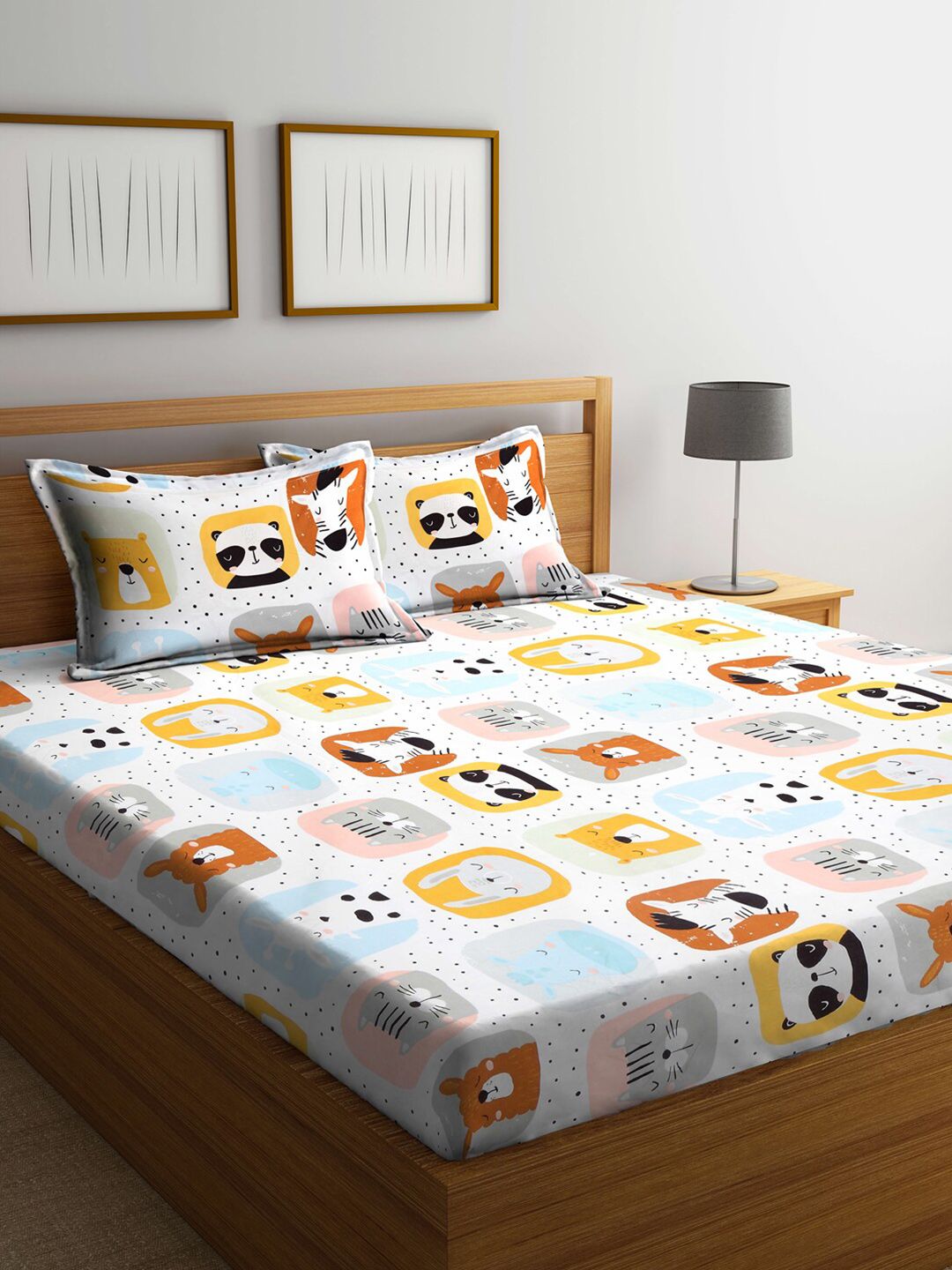 KLOTTHE Multicoloured Cartoon Characters Cotton 300 TC King Fine Bedsheet with 2 Pillow Covers-98 x 87 inches