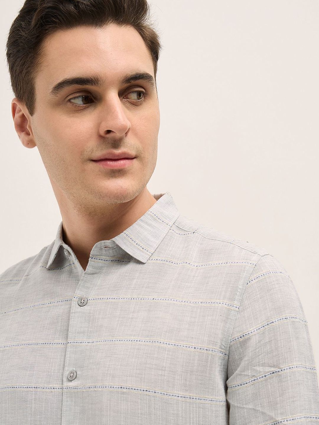 THE BEAR HOUSE Men Spread Collar Horizontal Striped Slim Fit Casual Shirt