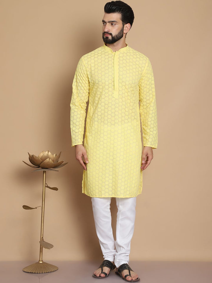 Anouk Yellow Geometric Embroidered Mandarin Collar Pure Cotton Straight Kurta