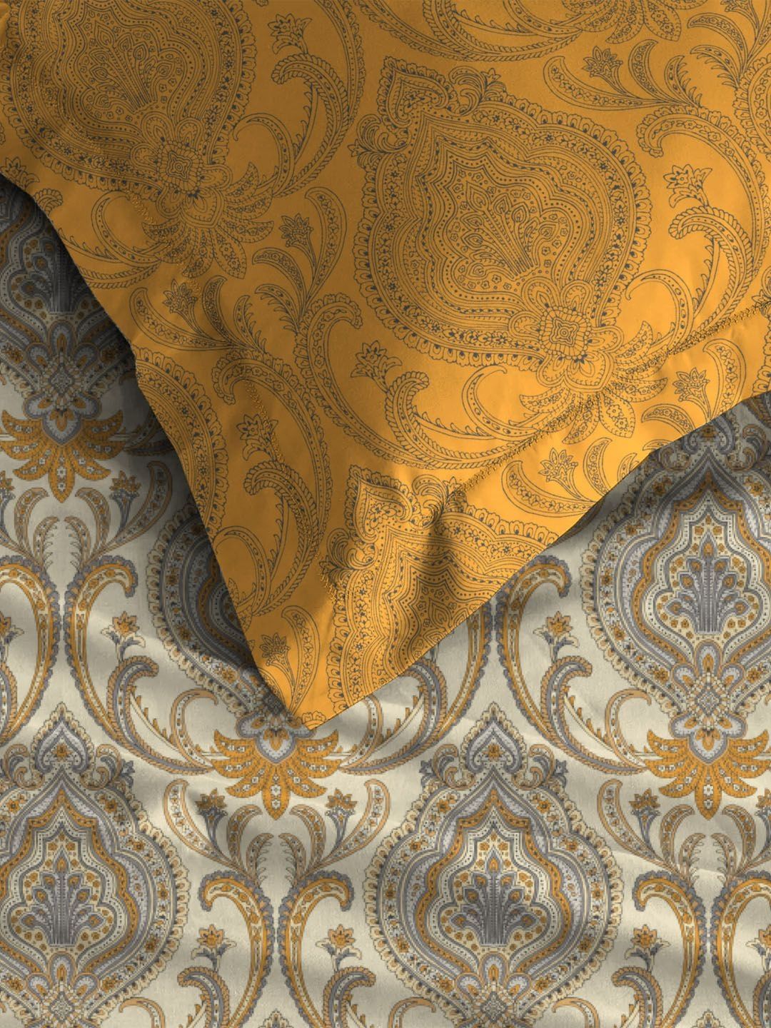 MYTRIDENT Ornate Yellow Dusk & Dawn Flat 144TC Queen Cotton Bedsheet with 2 Pillow Covers