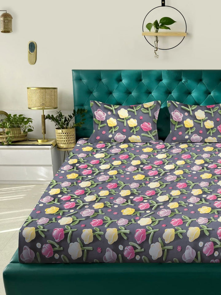 Myntra Elegant Grey Floral 300 TC King 7D Cadar dengan 2 Sarung Bantal