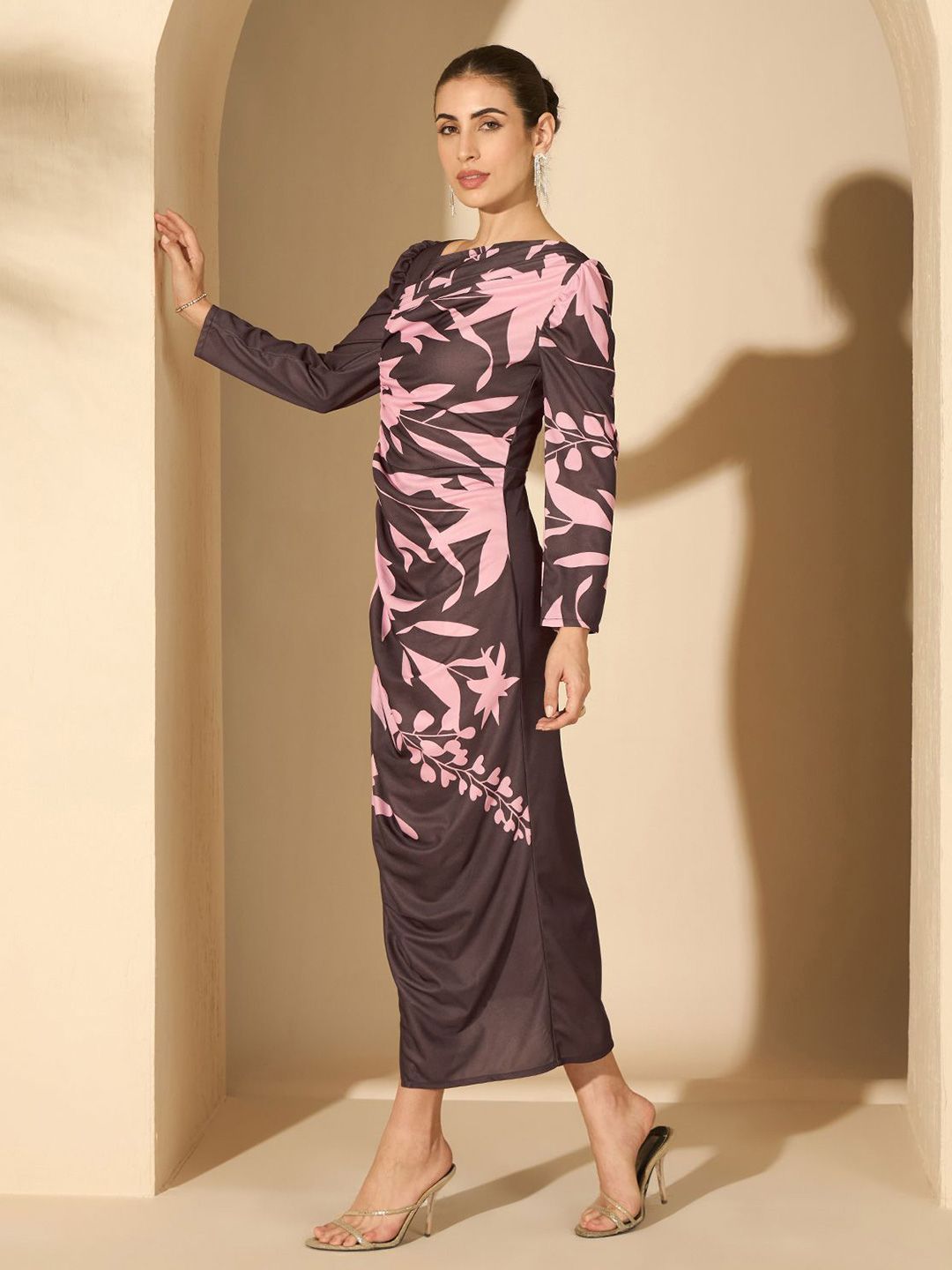 Antheaa Printed Puff Sleeve Sheath Midi Dress