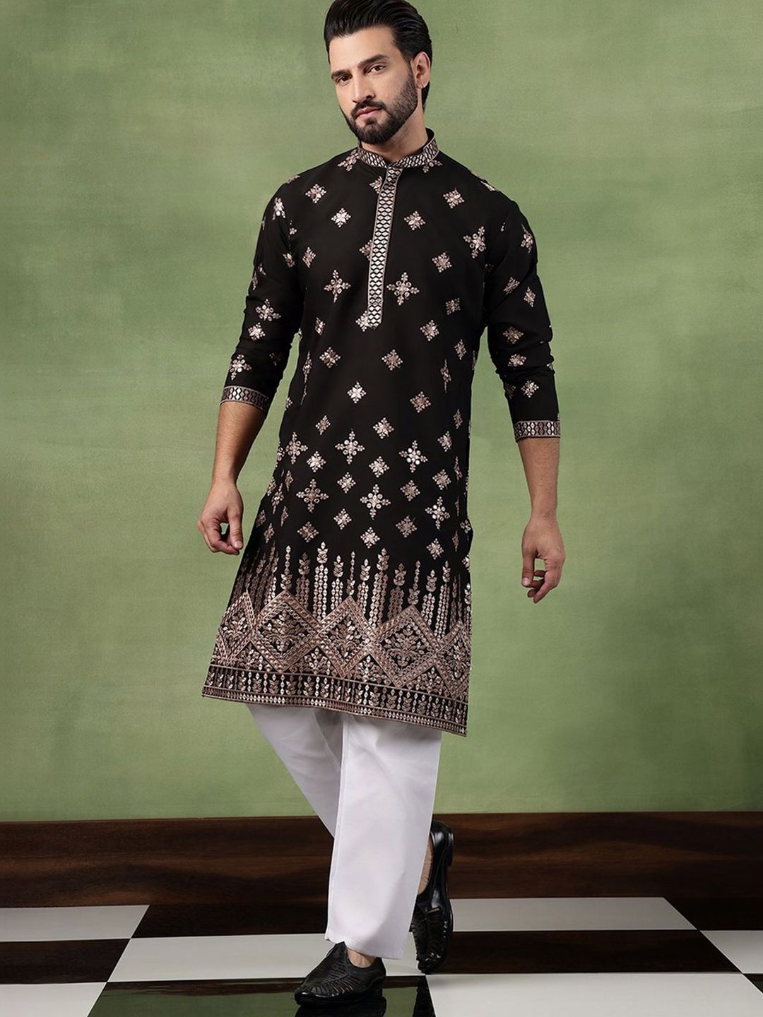 SOJANYA Men Bandhani Sulam Cermin Kerja Kurta