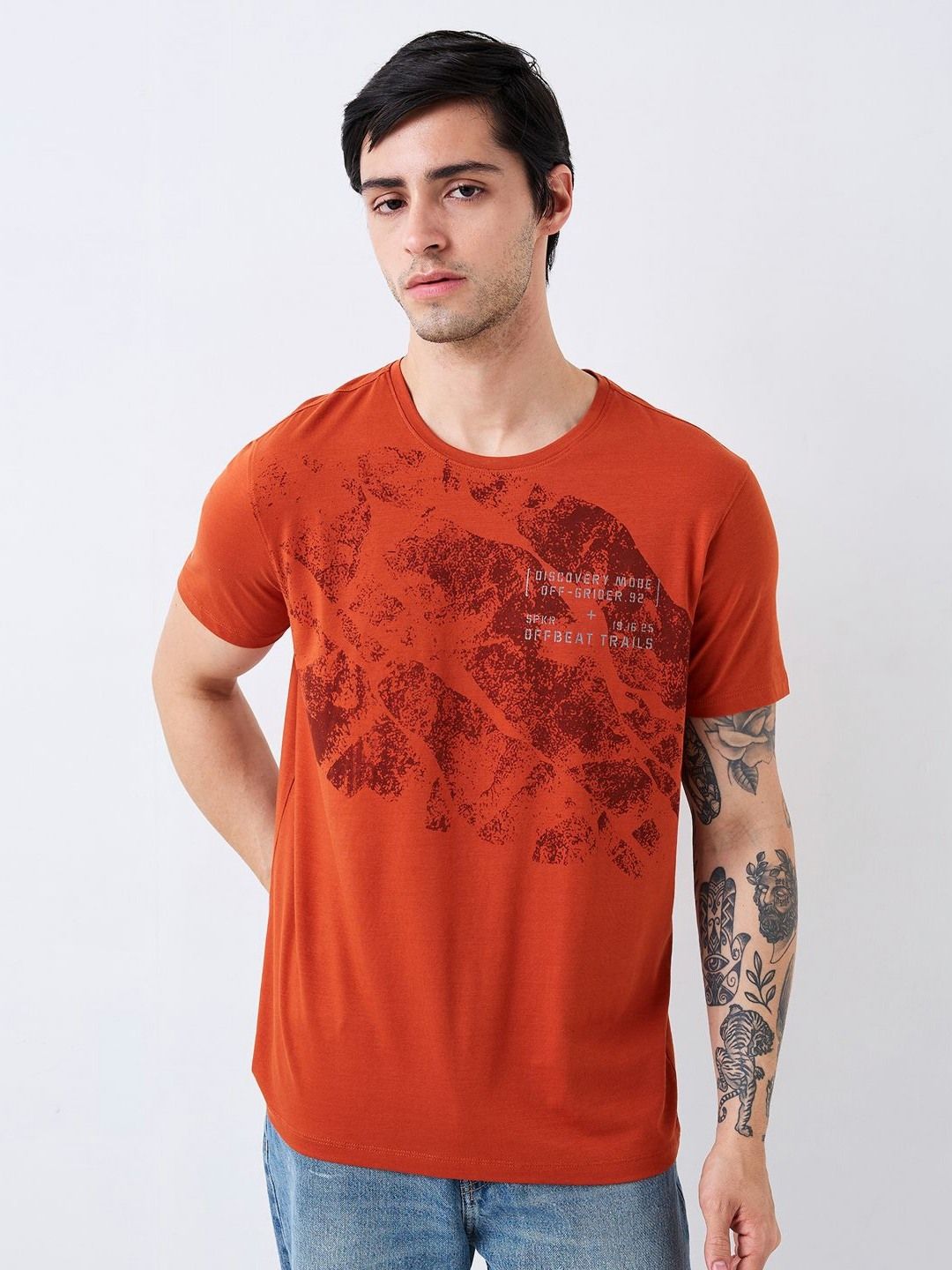 SPYKAR Men Abstract Printed Round Neck Cotton Slim Fit T-shirt