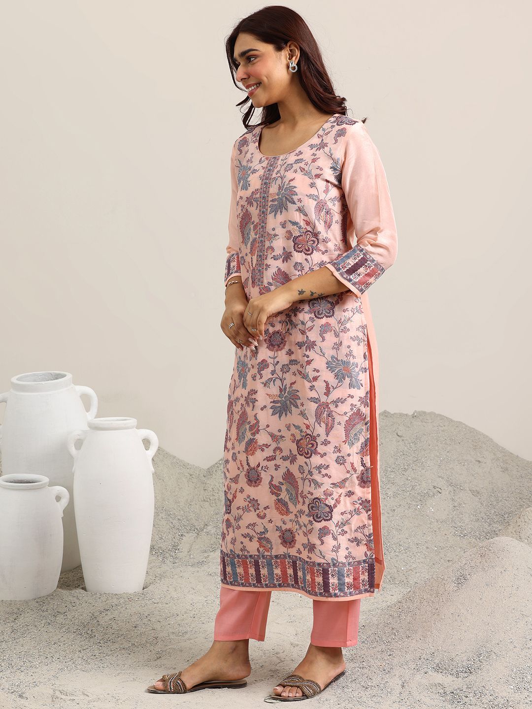Libas Floral Woven Design Round Neck Regular Straight Kurta With Trousers & Dupatta
